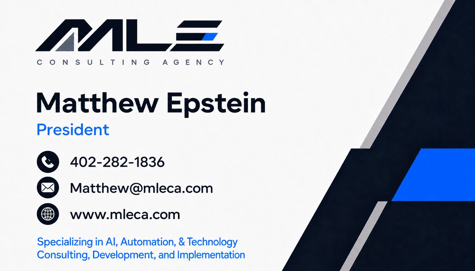 Business card for Matthew Epstein, President of MLE Consulting Agency — 402-282-1836, Matthew@mleca.com